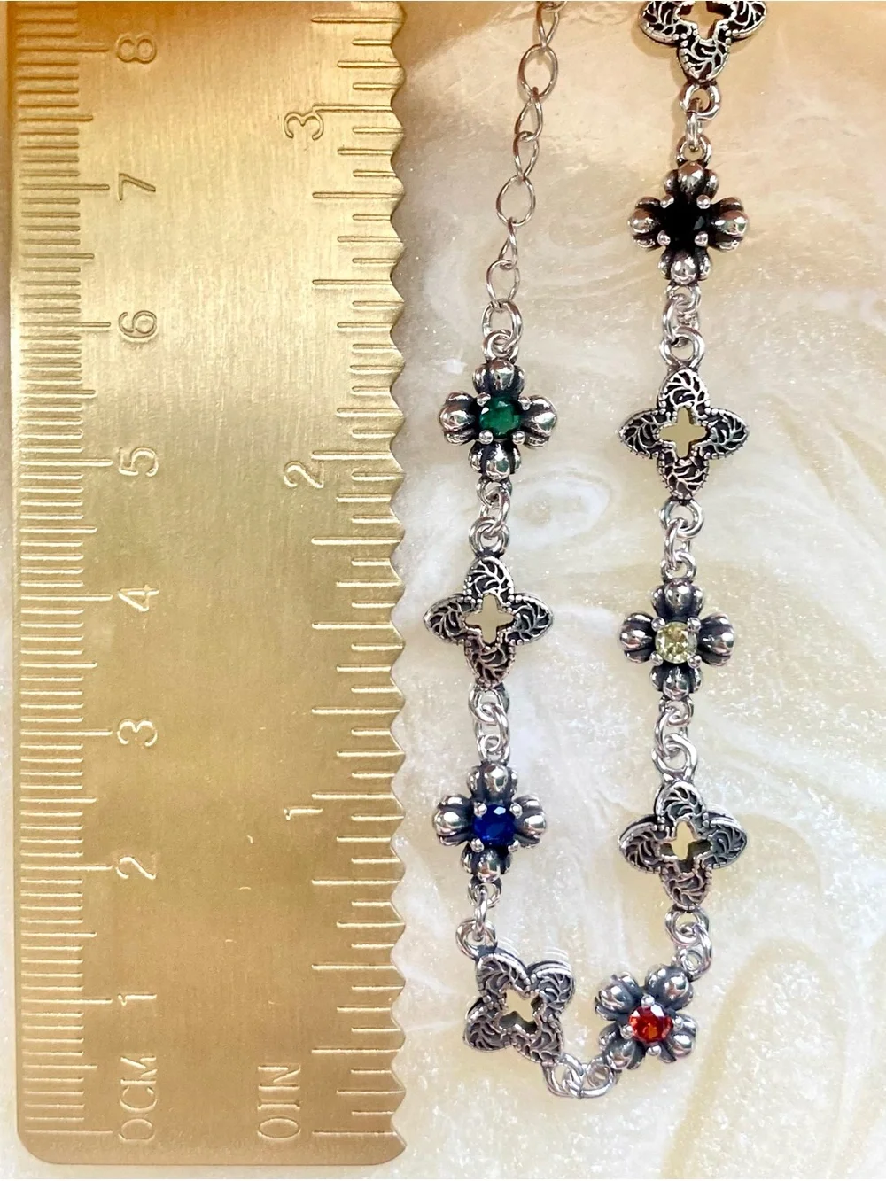 Sterling Silver Floral Multi-Gem Bracelet in Green, Red, Yellow, and Blue - Picture 4 of 5